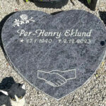E060 in polished Indian blue-grey granite with rough side surfaces. Recessed, painted antique-white engraving.