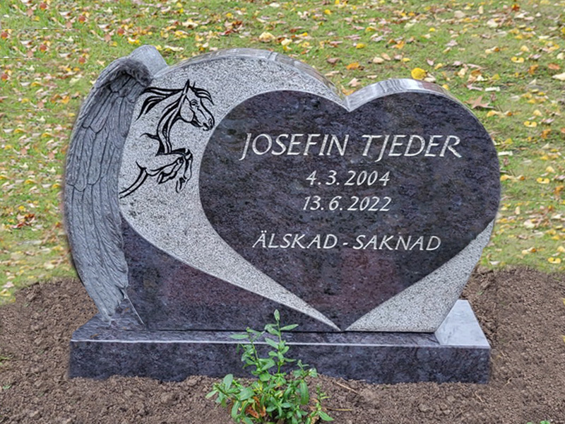 E070 i indisk blågrå granit med skulpterade vingar på sidan. Personligt dekormotiv i försänkt svart bearbetning, text försänkt silvermålad.