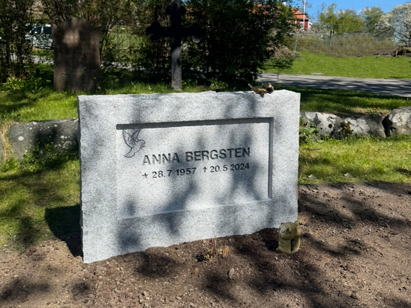 E074 in light grey granite with deep sandblasted inscription. Bronze sparrows placed on top.
