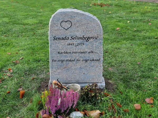 EN101 i flammad Bårarpsgnejs. Text och dekor försänkt svartmålad.