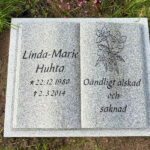 EN063 i polerad grå Kurugranit med mattslipade detaljer på sidorna. Försänkt svartmålad gravyr, eget dekormotiv.